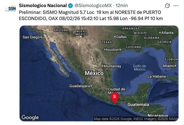 Sismo de magnitud 5.7 con epicentro en Oaxaca se percibe levemente en la CDMX