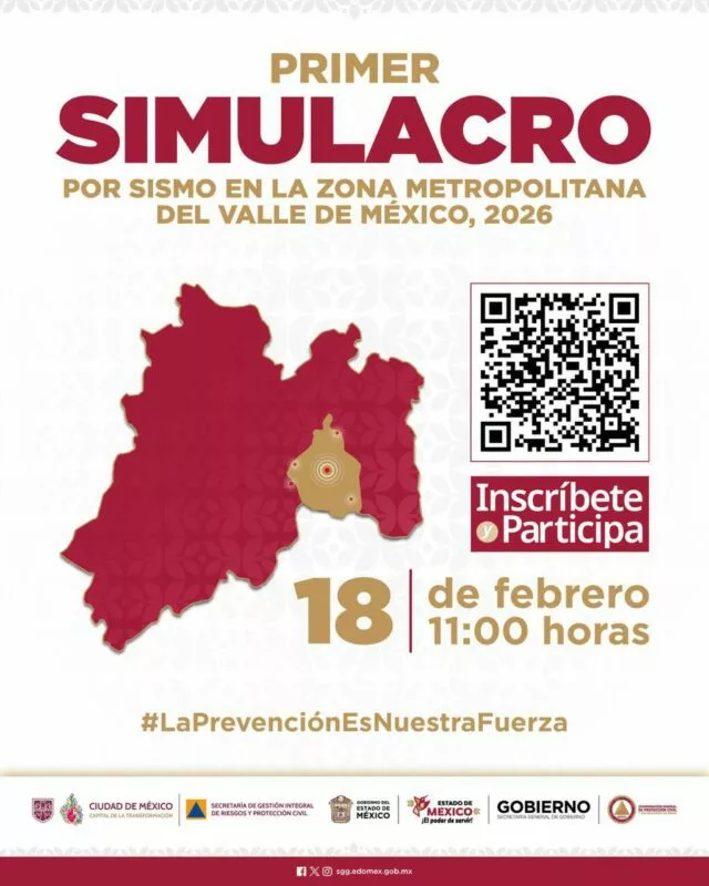 Coordinan EdoMéx y CDMX Primer Simulacro por Sismo 2026, el próximo 18 de febrero; participan municipios mexiquenses del Valle de México